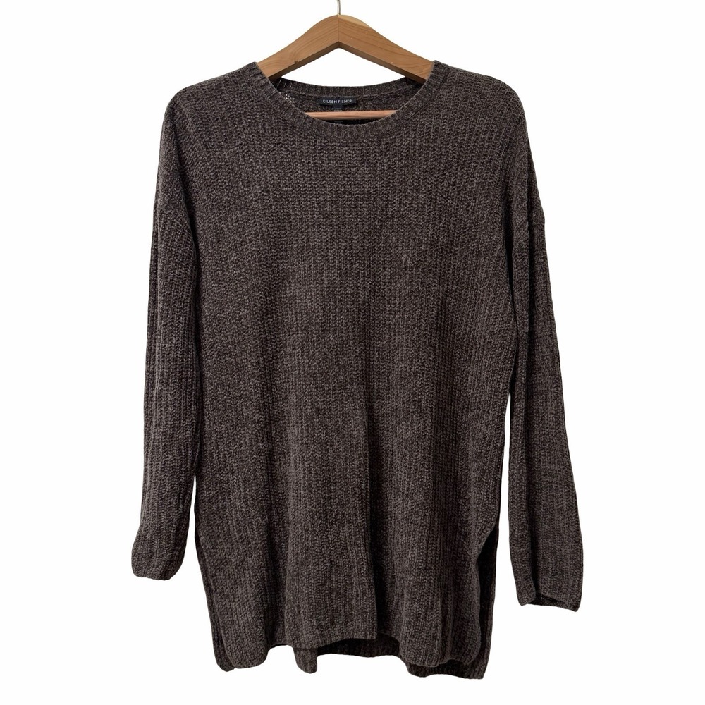 Eileen Fisher Chenille Crew Neck Relaxed Boxy Sweater Size S Rye Brown Cozy